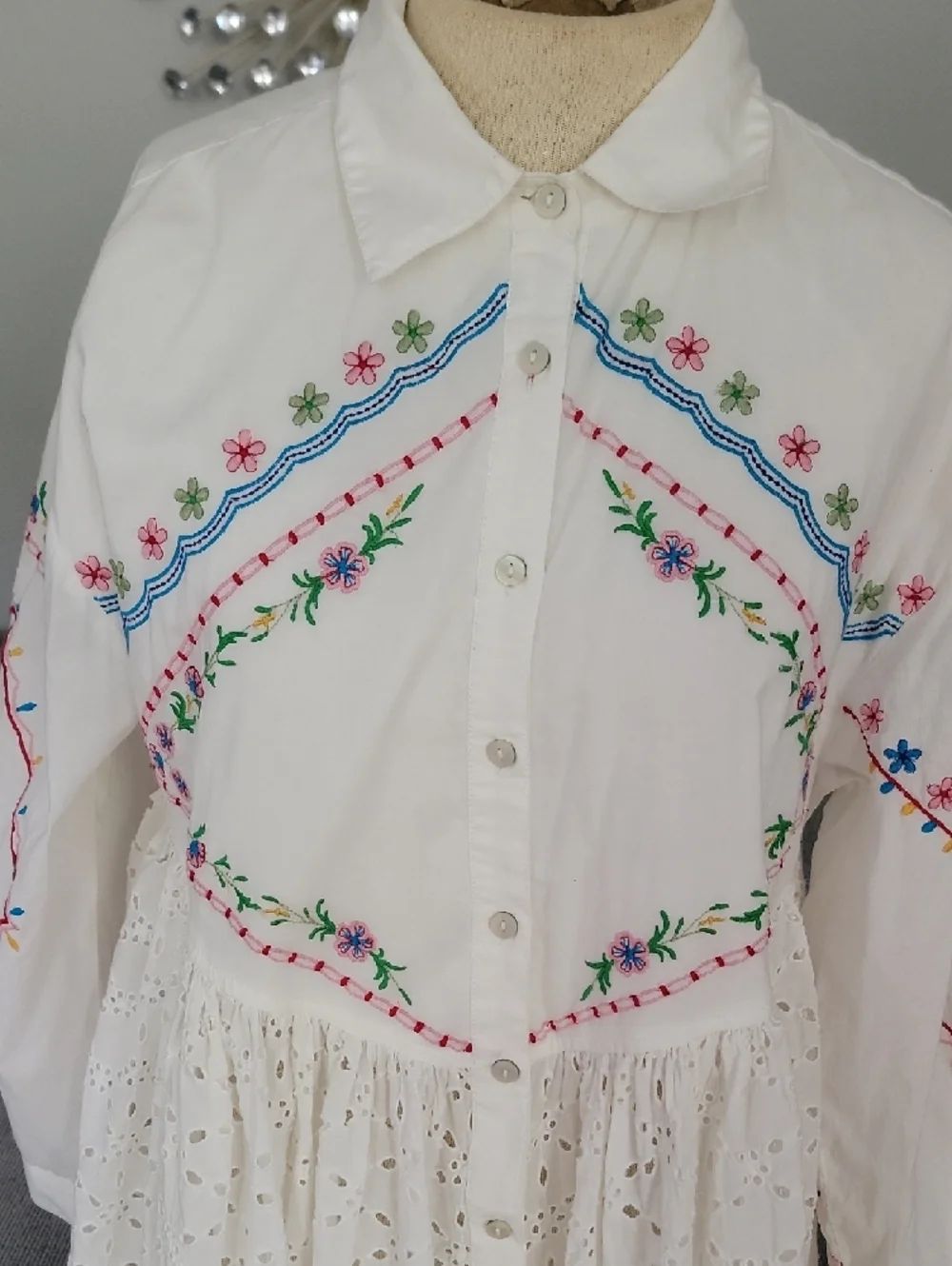 Anthropologie White Eyelet Midi Dress with Multicolor Floral Embroidery - Picture 2 of 6